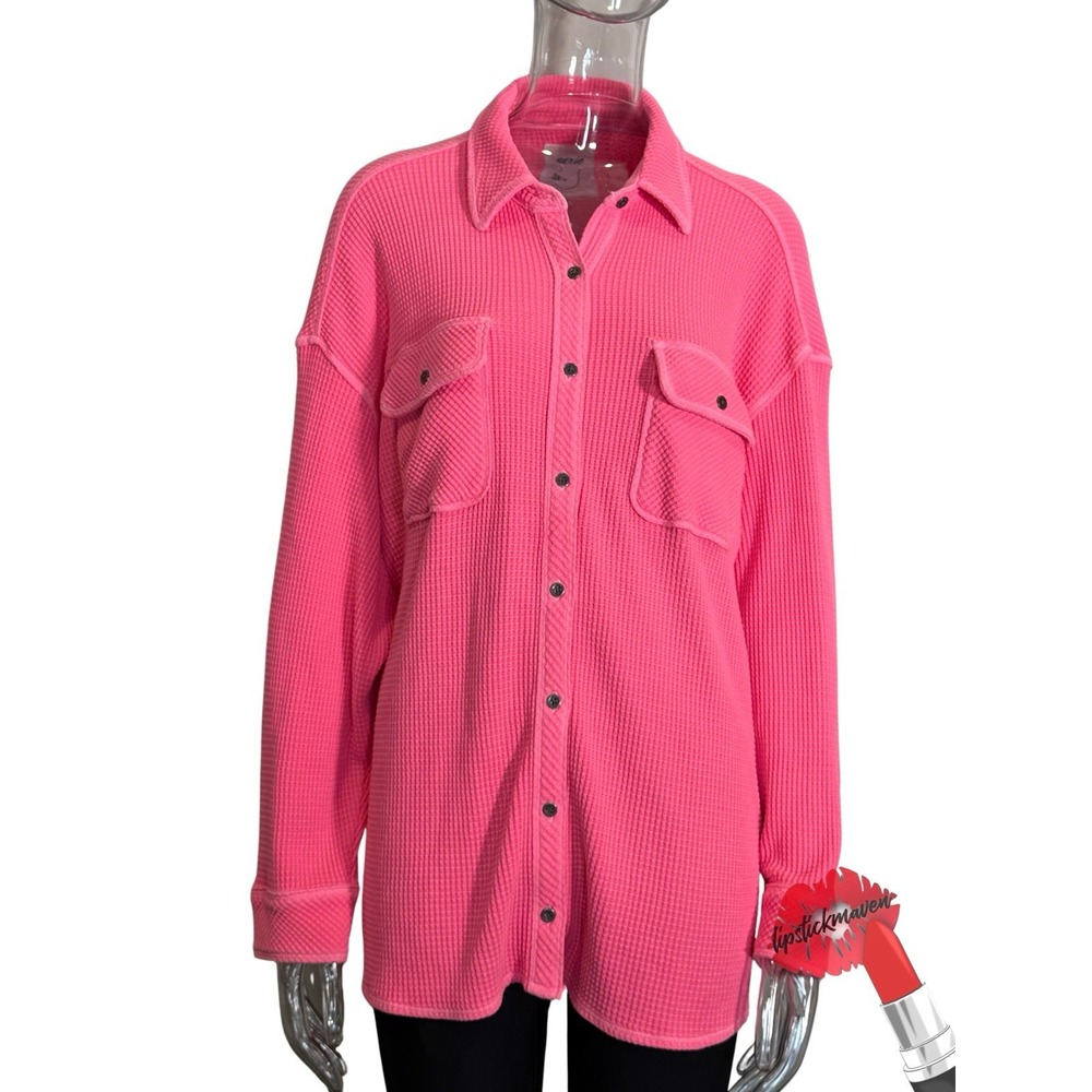 Aerie Shirt Womens‎ Medium Hot Pink Button Down Waffle Knit Top